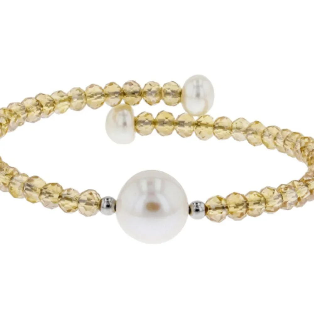 6-11mm White Cultured Freshwater Pearl Crystal Stainless Steel Wire Bracelet